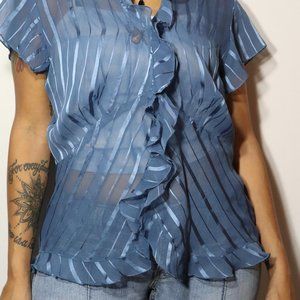 Women's Button Down Ruffled Striped Sheer Blue T-Shirt Blouse Size Medium-Large